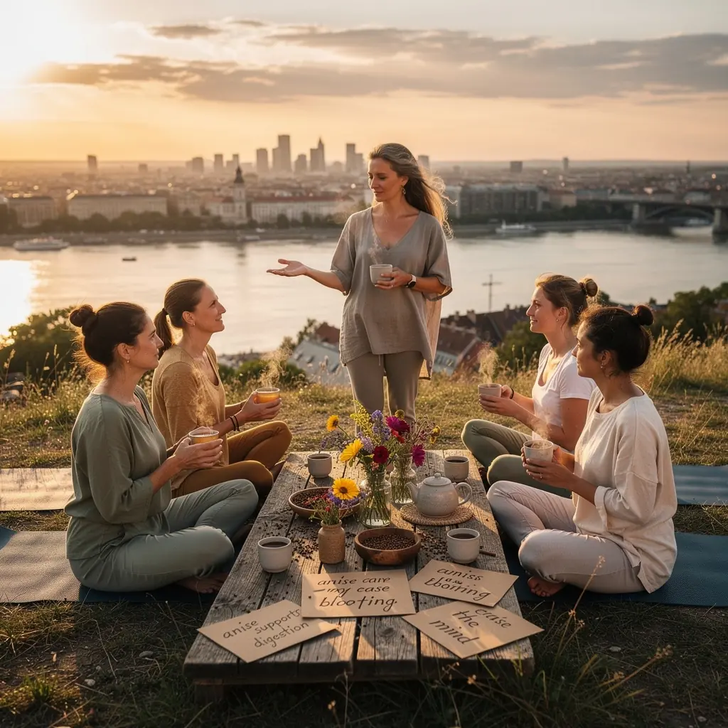 Anizs ízű gyógytea, háttérben zöld levelek és virágminták.