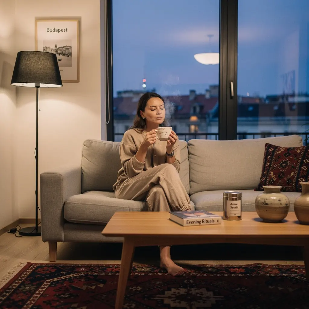 Édes ánizs mag tea gőzölgő csésze, mellette friss ánizs magok.